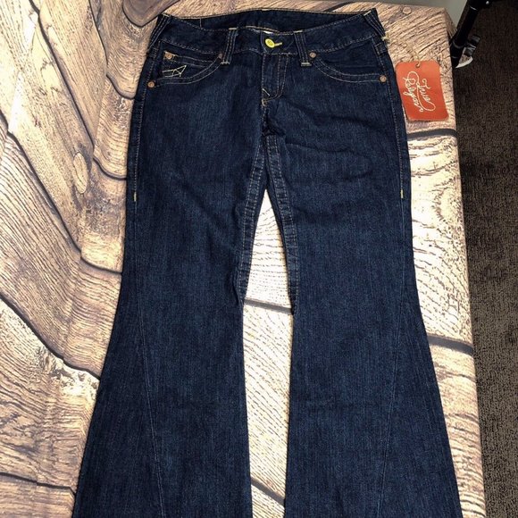 women Low Rise Boot Cut Flare Denim Blue Jeans
